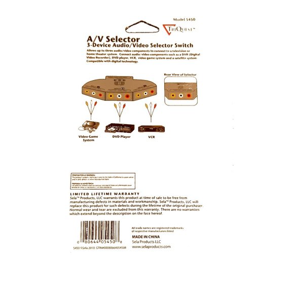 TriQuest Sela Products A/V Selector 3 Device Audio Video Selector Switch 5450 - Picture 3 of 3
